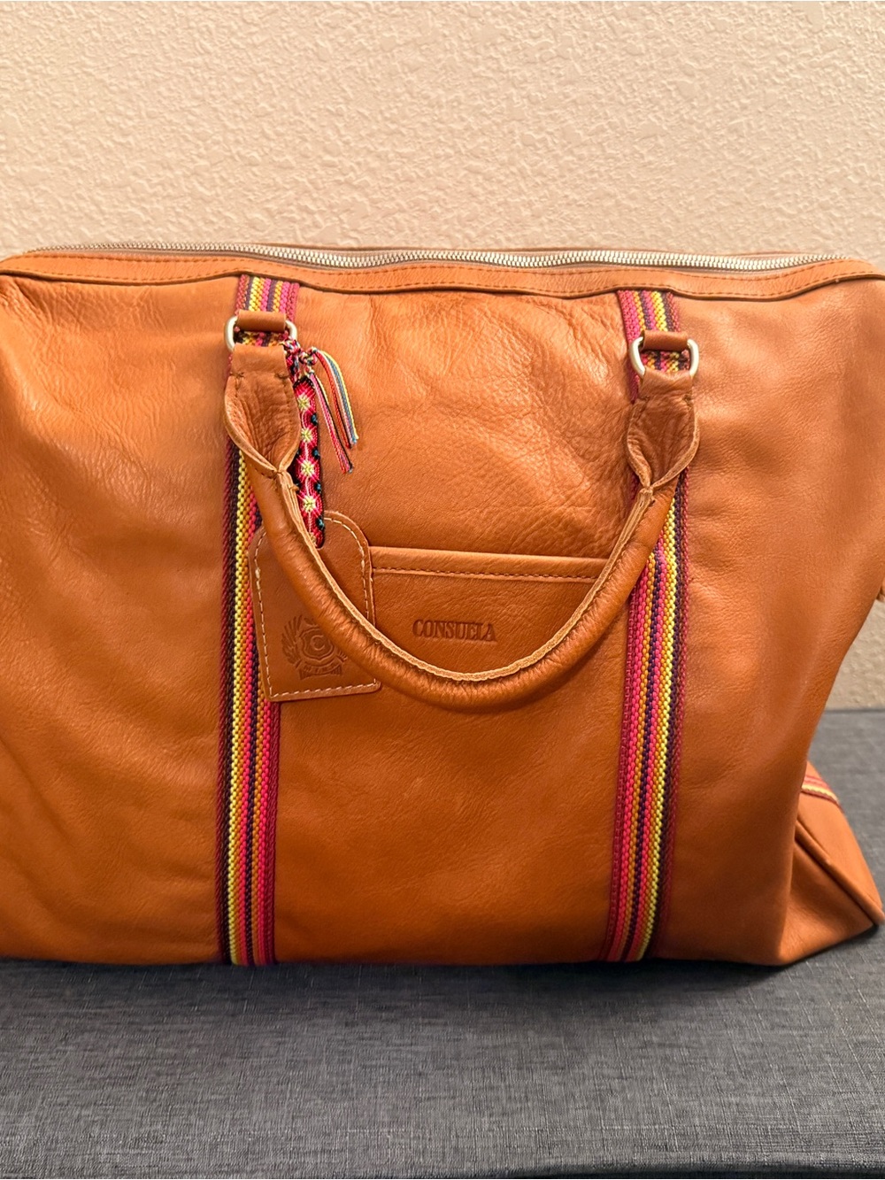 Consuela Tan Leather Tote with Pink and Yellow Stripe Accents